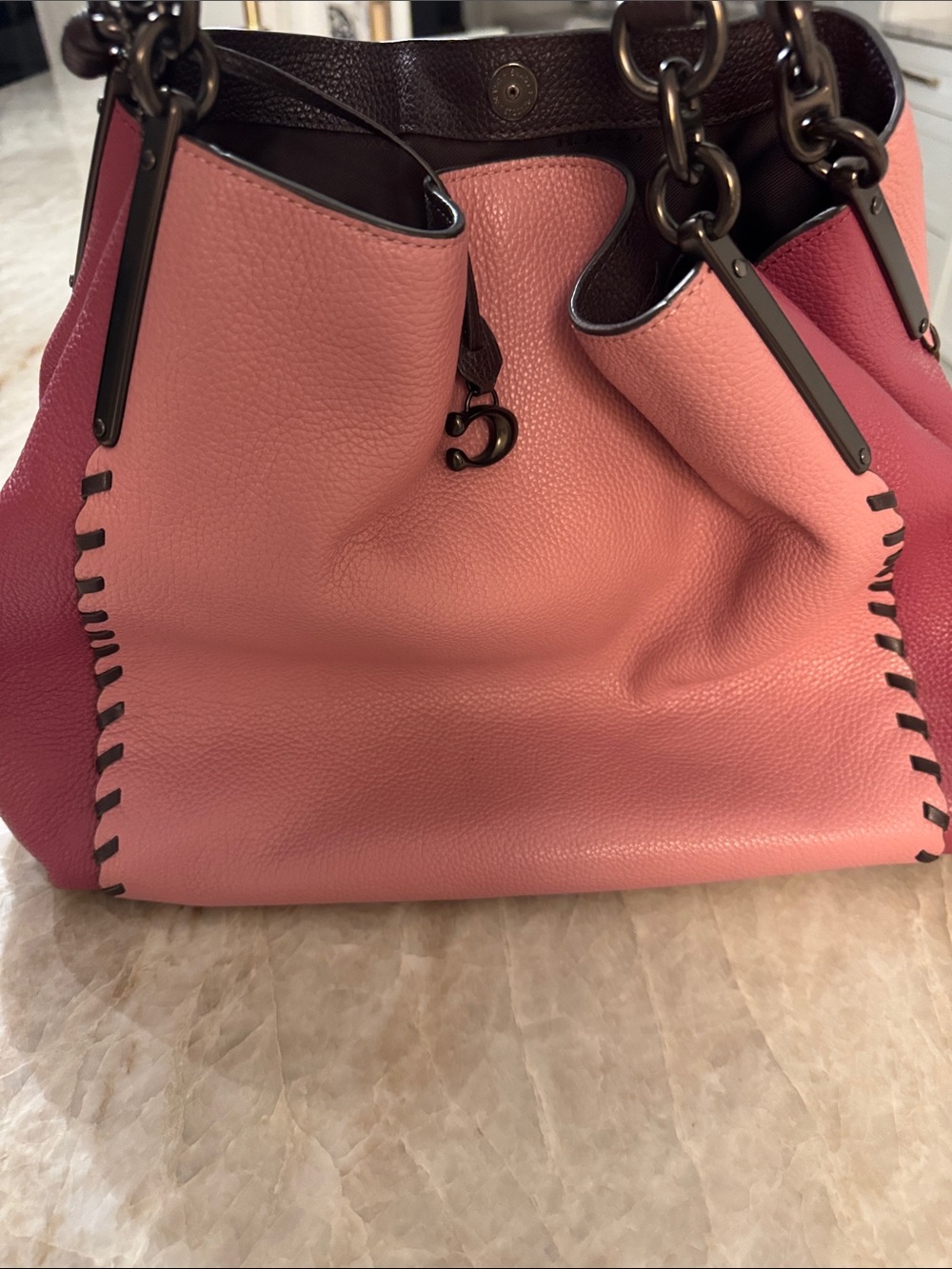 Coach Pink Pebbled Leather Tote with Dark Brown Handles - Picture 11 of 12